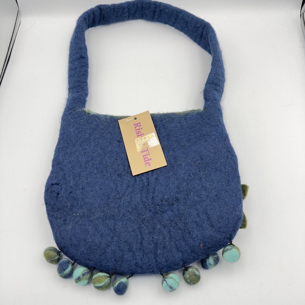 Rising Tide Boho Felted 100% Wool Purse Blue Green Floral Bag Made In Nepal - Picture 3 of 10